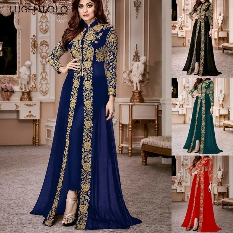 

Women Lace Vintagr Dress Muslim Fashion Chiffon Lace Patchwork Abaya Lady Robe Elegant Slim Empire Big Swing Maxi Dresses