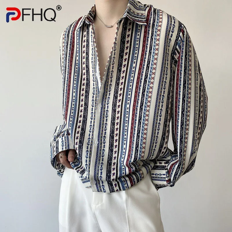 

PFHQ Spring Stripe Lapel Longsleeved Men's Shirt Korean Fashion Cool Simple 2023 Contrast Color Casual Male Tops Loose Elegant