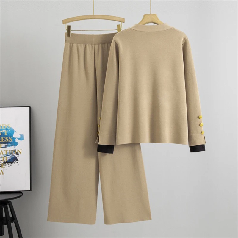 Фото Fall Winter Warm Soft Knitted 2 Piece Sets Casual V-neck Cardigan Sweater Coats Tops Conjunto Elegant Wide Leg Pants Ensembles №2