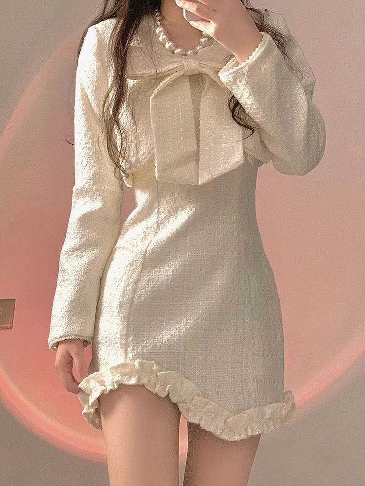 

White France Vintage Two Piece Set Women Autumn Korean Designer Slim Dress Suit Female Bow Sweet Coat＋Elegant Ruched Mini Dress