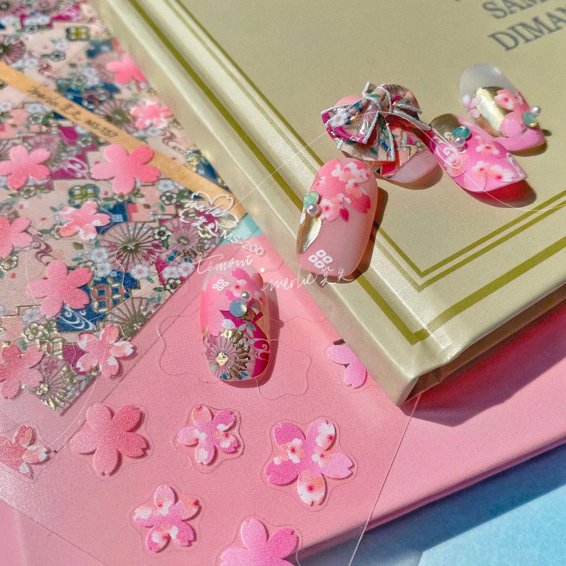 

Pink Sakura Cookies Nail Stickers Water Art Transfer Foil Cute 3D Embossed Nail Decals Korean Accesorios Manicura Summer