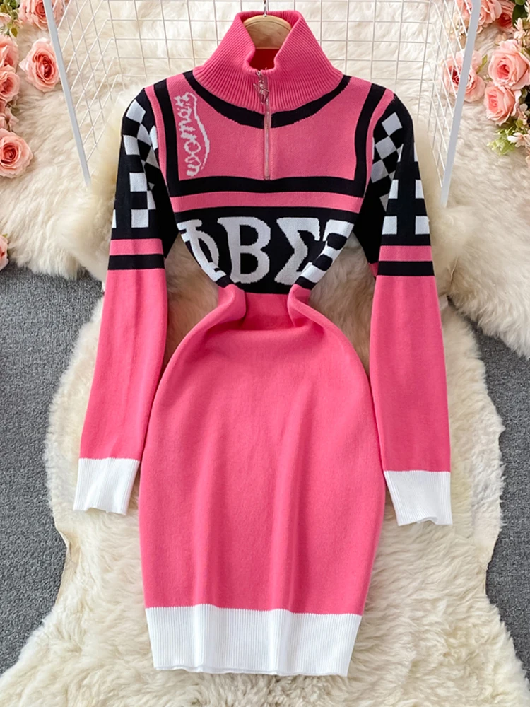 

YuooMuoo Autumn Winter Fashion Letters Print Knitted Dress Women Streetwear Zipper Collar Short Bodycon Dress Casual Vestidos