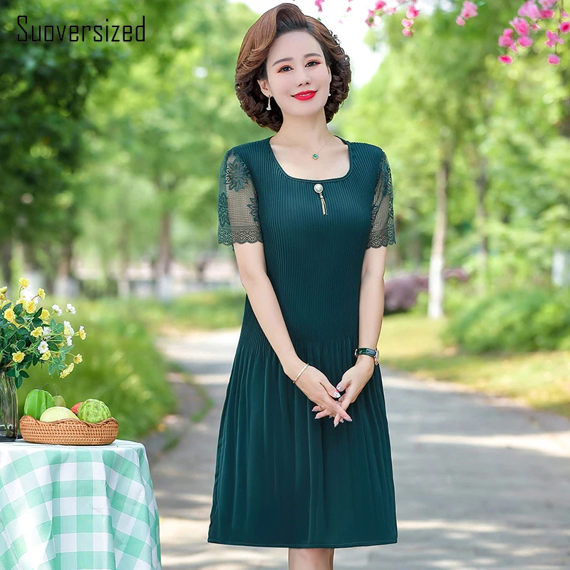 

Women Summer Lace Sleeve Dress Laides Shoer Sleeve O Neck Elastic Waist Vestido Femme Solid Knee-Length Middlen Aged Mom Robes