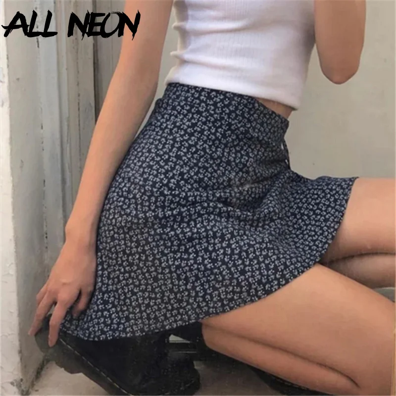 

ALLNeon Y2K Retro Cute Bandage Floral Print Wrap Skirts 90s Aesthetics High Waist A-line Mini Skirts Sweet Women Outfits Blue