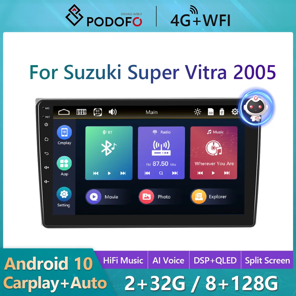 Автомагнитола Podofo 2 Din Android для Suzuki Super Vitra 2005 GPS-навигация Carplay 4G Wi-Fi стерео