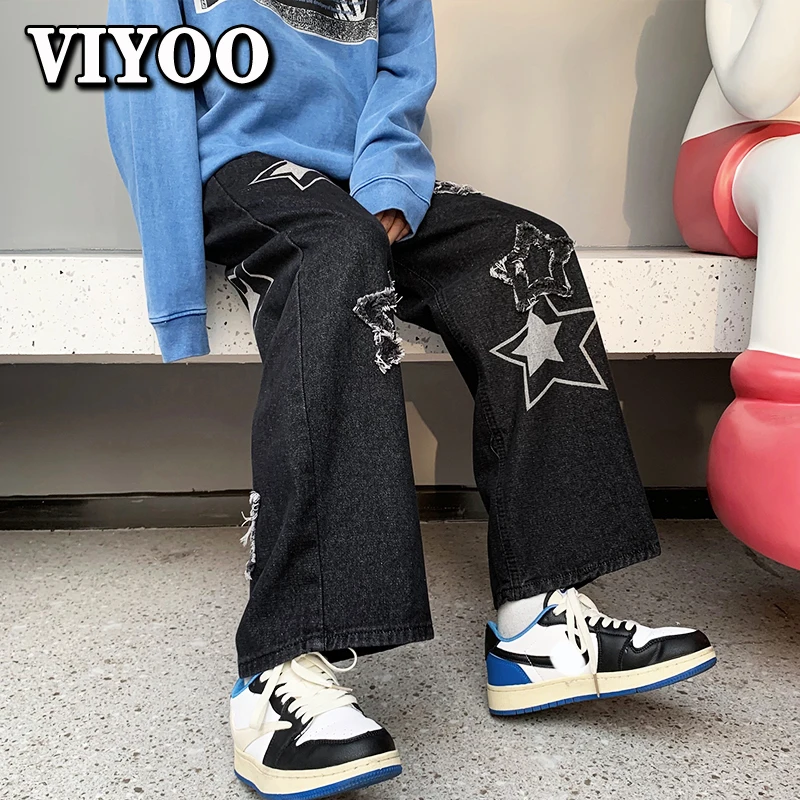 Vintage Women's Men's Korean Denim Pants Y2K Cltohes Streetwear Printed Patchwork Baggy Wide Jeans Straight Trousers For Men