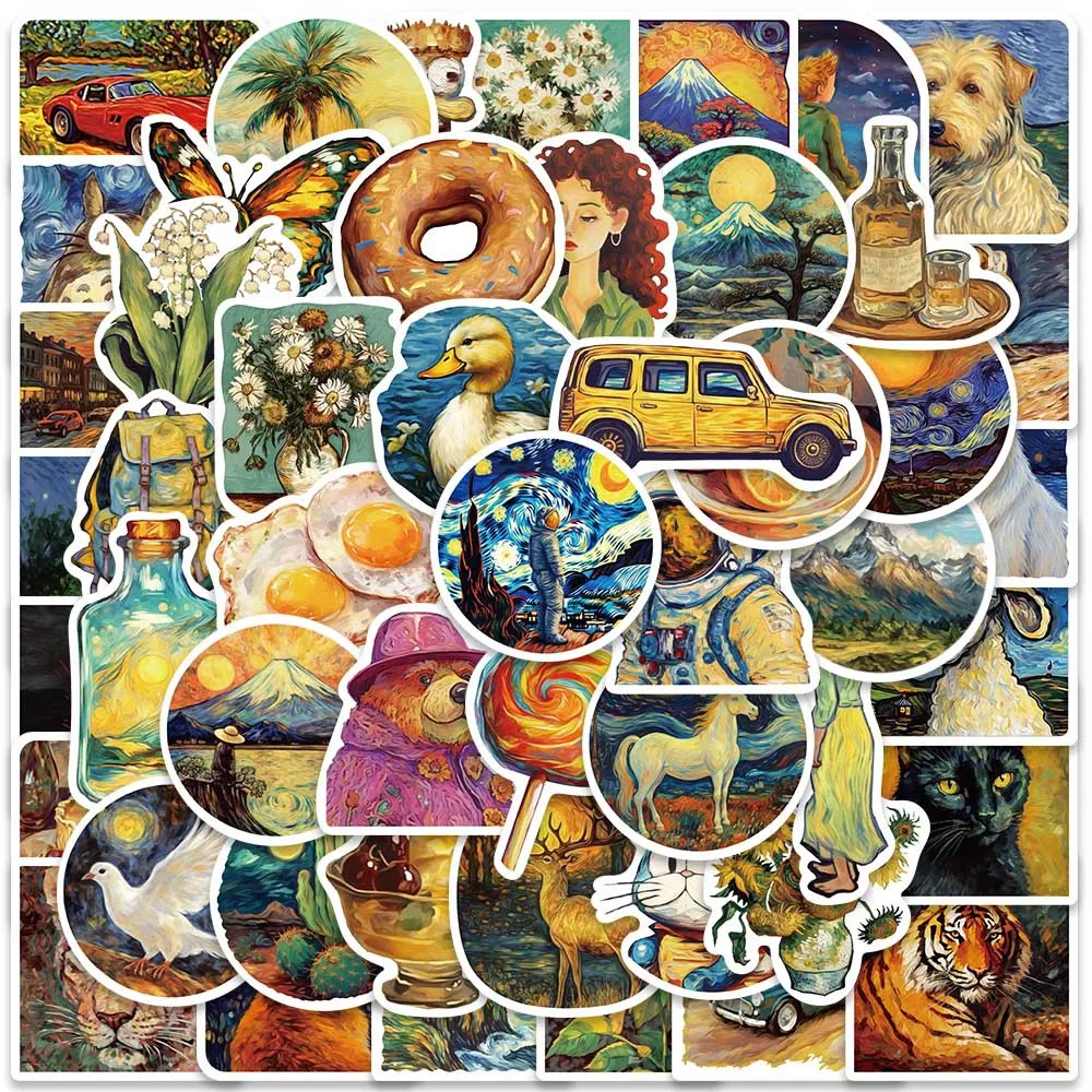 

50Pcs Color Oil Painting Style Animal Character Graffiti Stickers for Luggage Window Decorations Phone DIY Room Decor Sticker