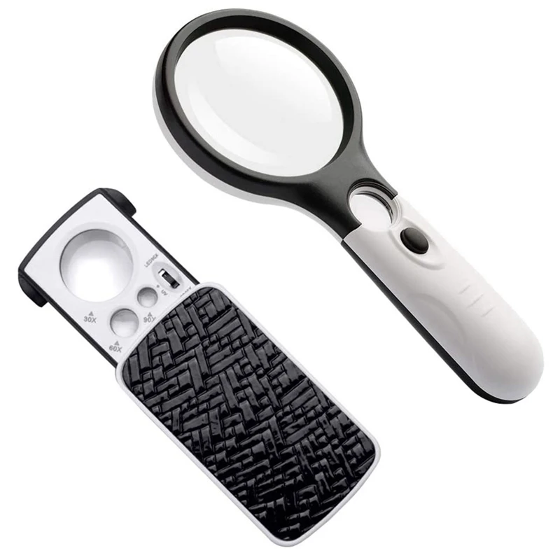 

2 Pcs LED Light Appreciation Reading Magnifying Glass High Power Handheld Magnifying Glass 75Mm Mirror Magnifying Glass