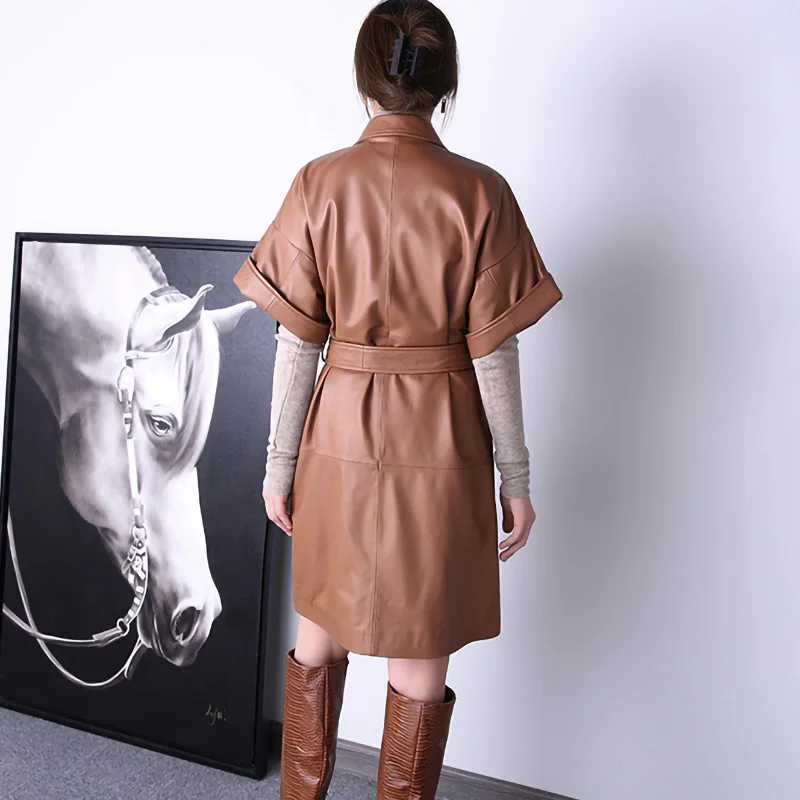 2023 New Coming Leather Jackets Lady Fashion Sheepskin Trench Coat With Belt Short Style Streetwear TF3937