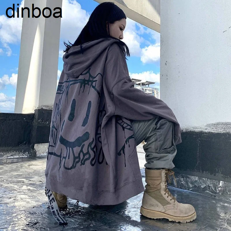 Dinboa-gothic Hoodie Womenkorean Anime Print Long Sleeve Zip Up Tracksuit Cotton Streetwear Oversized Hiphop Coat Grunge Clothes