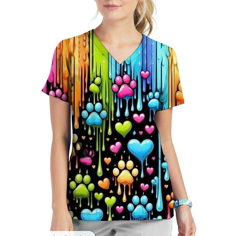 Женская одежда с мультяшным 3D-принтом и V-образным вырезом рабочая топы коротким