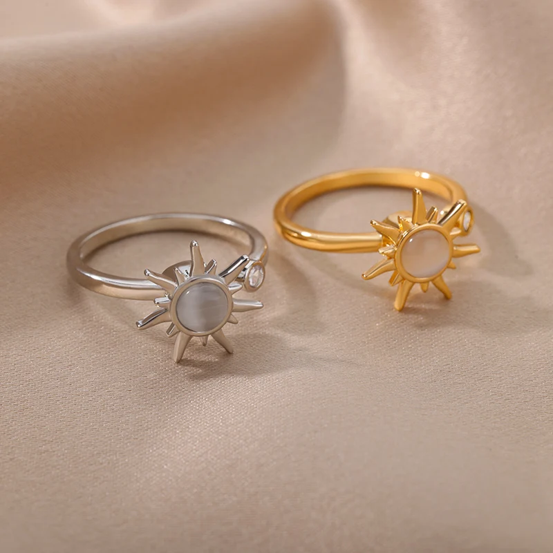 

Women Sunflower Spinner Ring Open Adjustable Fidget Rings For Anxiety Relieving Stress Flower Moon Star Stackable Rings