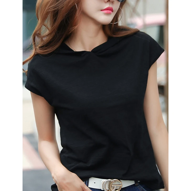 

2021 Women Short Sleeve Tops Summer Hooded T-Shirts Female Casual Fashion Plus Size Solid Color Streetwear Office Lady Pullover