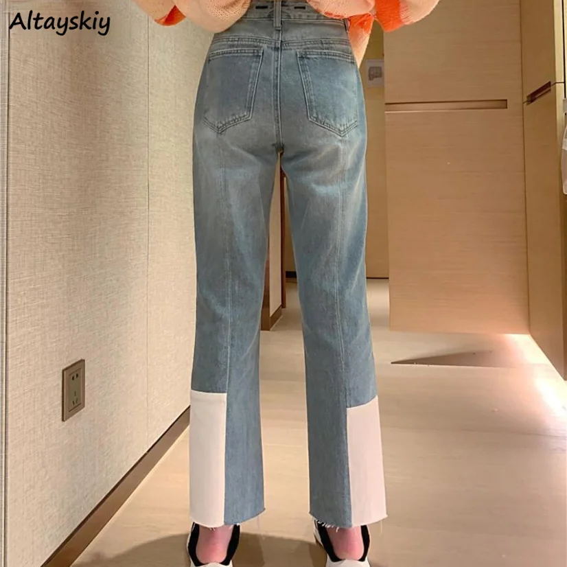 

Jeans Women Spring Button Spliced High Waisted Baggy Straight Fashion Teen All-match Comfort Casual Elegant
