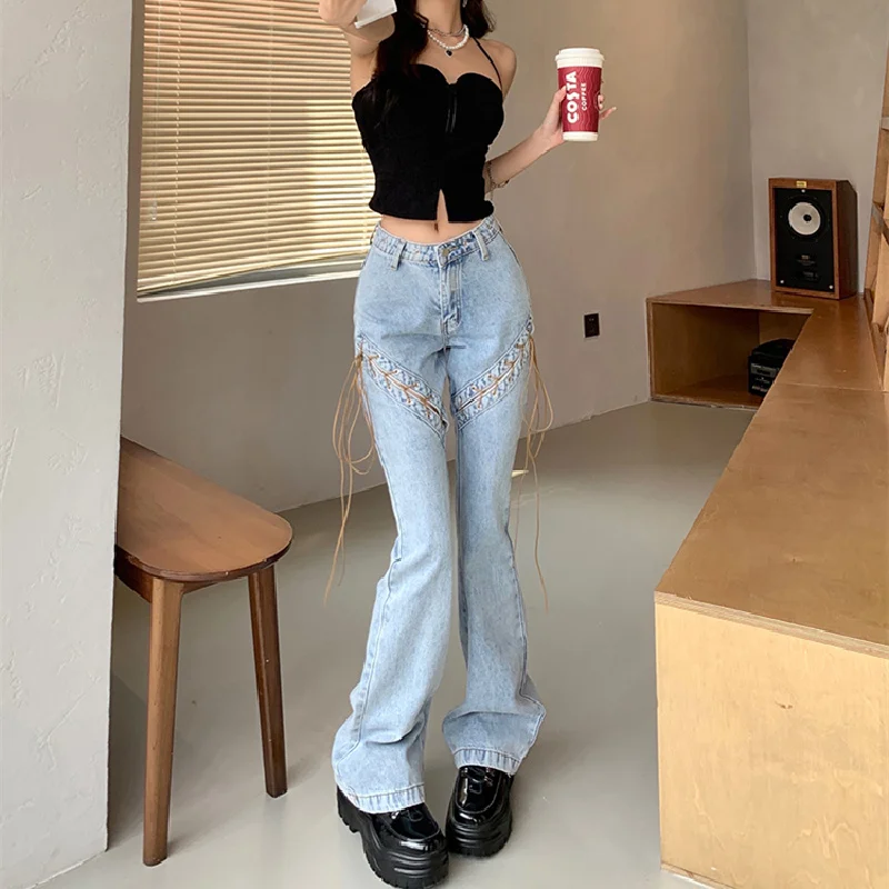 

Hot sale Women's Flare Jeans Hollow Out Lacing Patchwork Vintage Self Cultivation Casual Fashion High Waist Ladies Denim Trouser