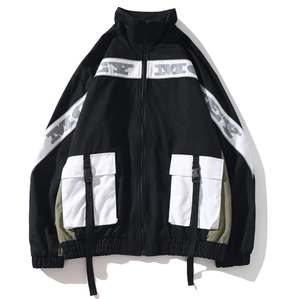 

KKAYCATE Patchwork Ribbons Multi Pockets Men Hooded Cargo Jackets Harajuku Streetwear Overcoats Casual Male Zipper Jacket Coats