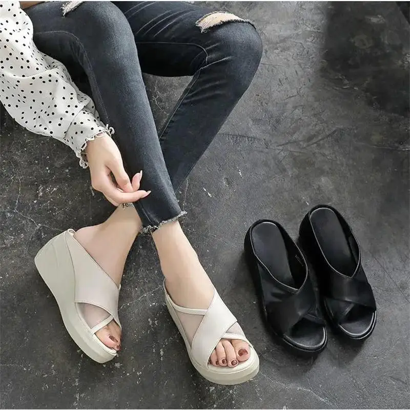 

Summer 2022 New Style Slope Heel Sandals Women's Fashion Mesh High-Heeled Muffin Shoes Real Soft Leather Simple Women's Shoes