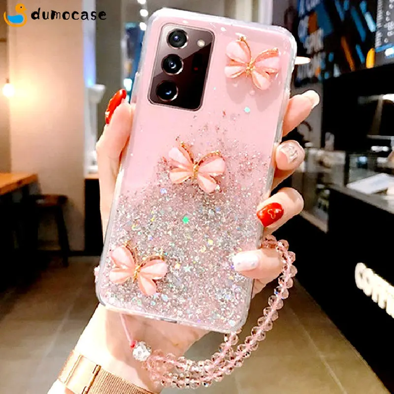 

For Sansung Galaxy S22 S21 FE Ultra A13 A53 A73 A12 A21S A52 A51 A32 Note 20 Ultra Bling Glitter Butterfly Lanyard Phone Case
