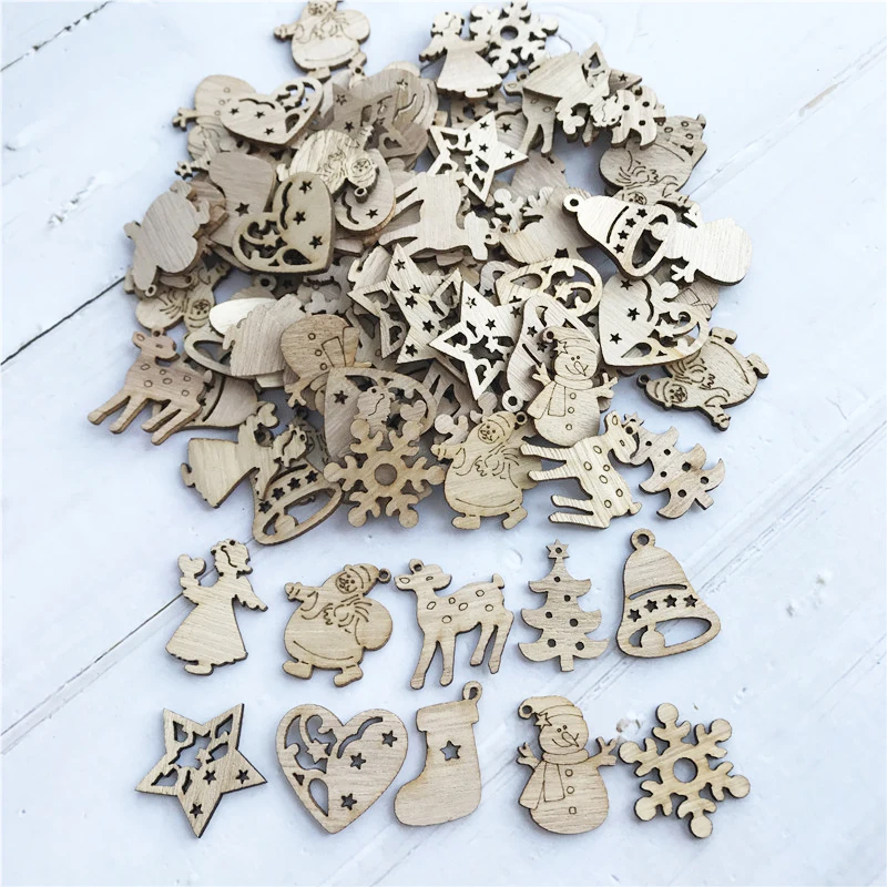 

50 Pieces DIY Natural Wood Chips Santa Claus Christmas Tree Ornament Pendant Kids Gift Snowman Shape Christmas Decoration