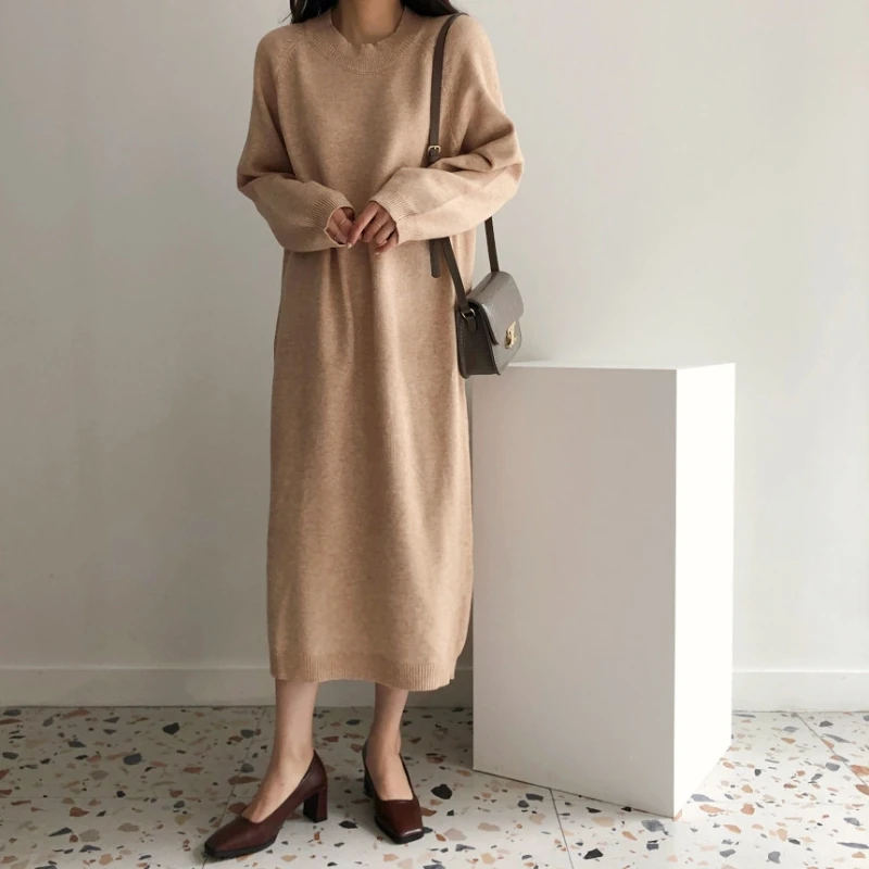 

Women Sweater Dresses 2023 Solid Color Elegant Oversize Knitted Clothing for Women O-neck Fashion Long Sleeve Long Simple Dress