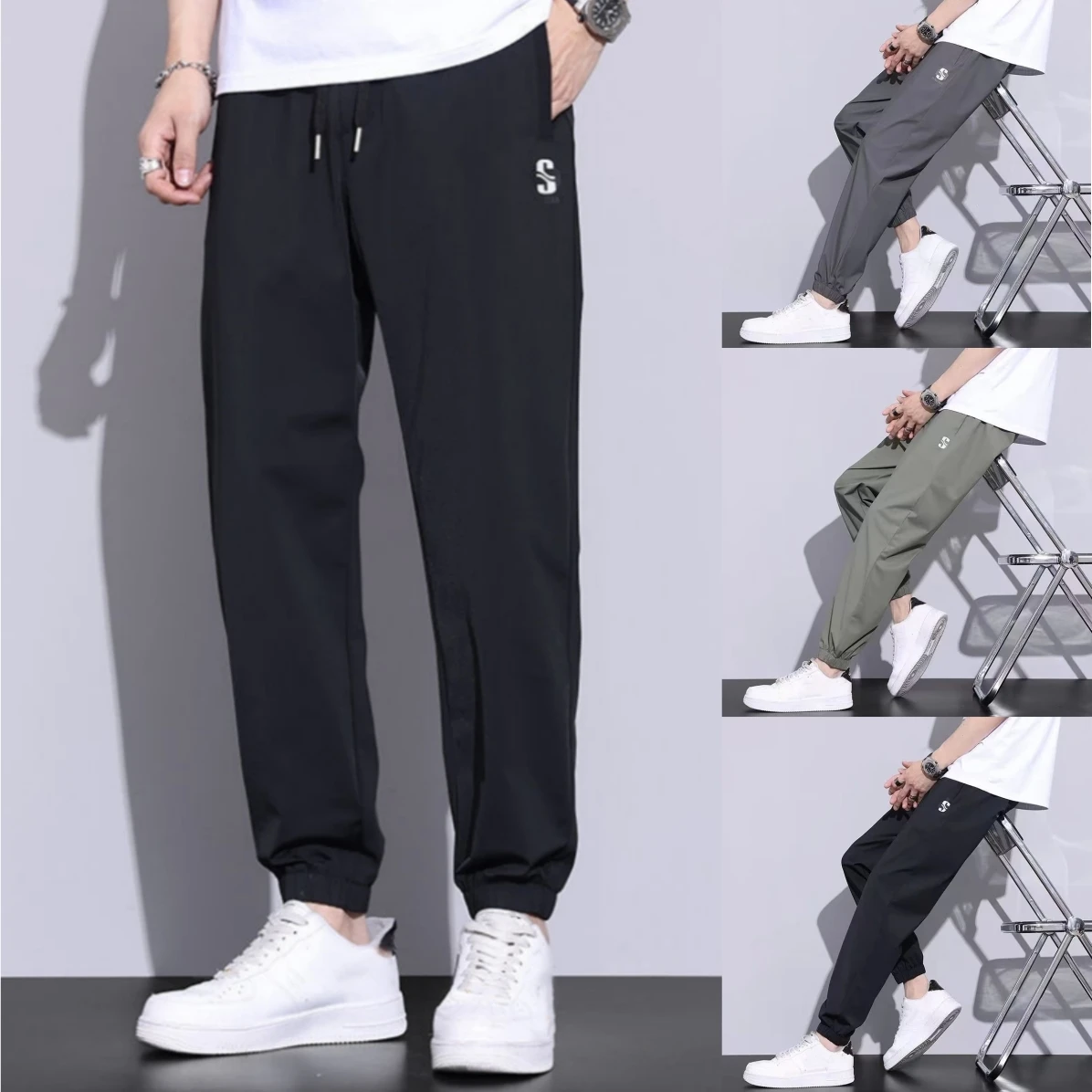 Новинка мужские Модные брендовые брюки из ледяного шелка свободные спортивные с