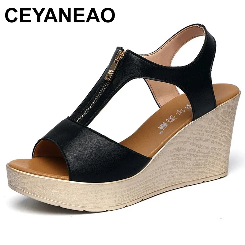

Small Size 32-43 Leather High Heels Gladiator Sandals Women Summer 2023 Zip Platform Wedges Shoes Office Beach Thick Sole