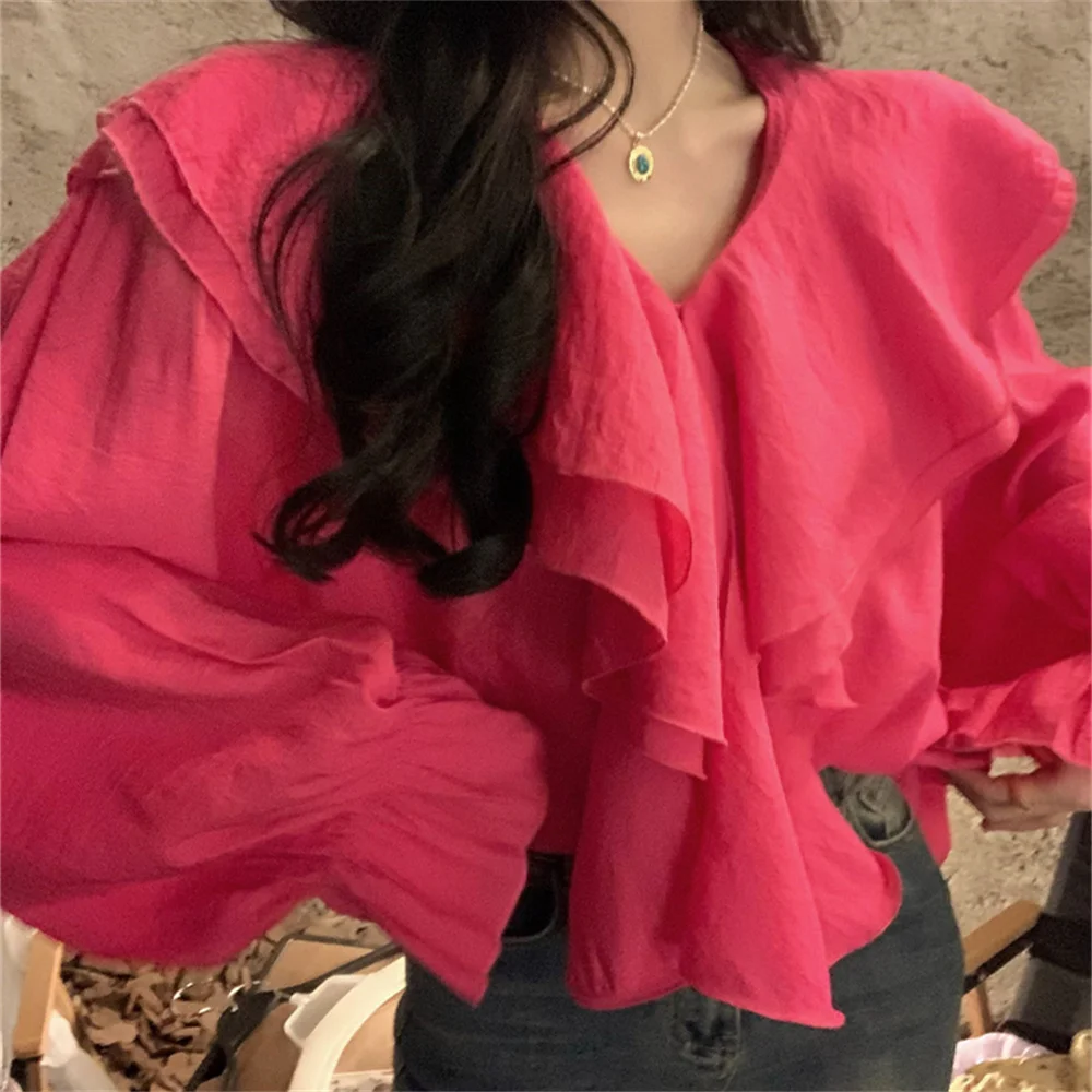 

Блузка PLAMTEE розово-красная с оборками, Весенняя шикарная нежная винтажная однотонная Элегантная Модная свободная универсальная блузка с длинным рукавом и V-образным вырезом, 2023