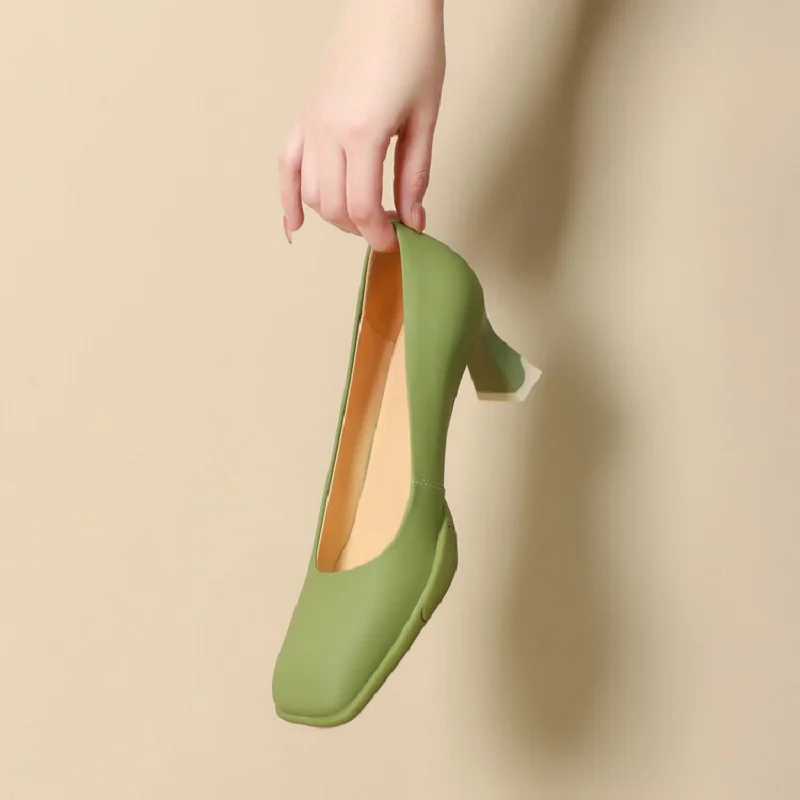 

2022 Spring/Autumn Women Shoes Square Toe Pumps Women Solid High Heels Elegant Cw Leather Colorful Shoes for Women Party Shoes