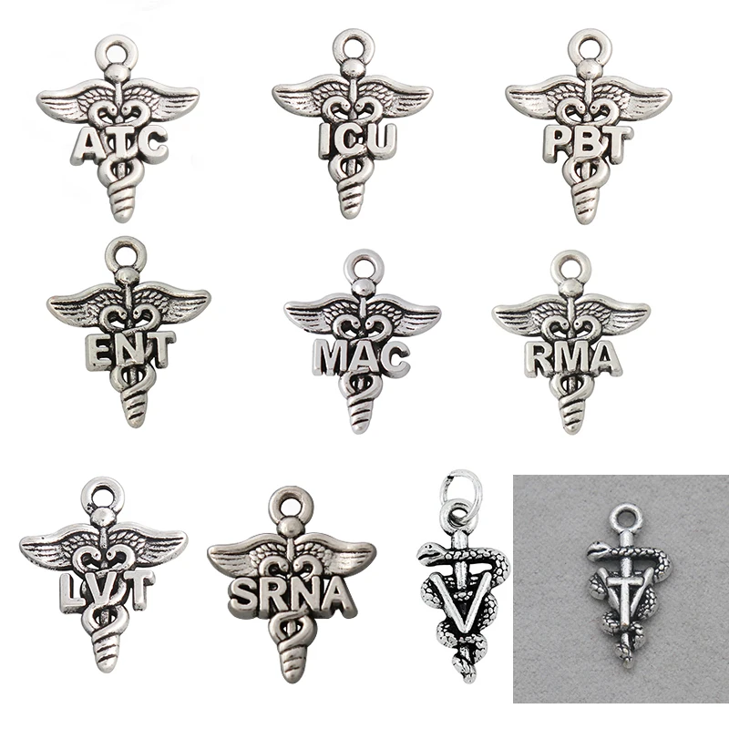 10 шт. сплав PBT ICU SRNA LVT RMA ATC ENT MAC VT Медицинский символ Кадуцей Смешанные Подвески 19*23 мм 10 шт. сплав PBT ICU SRNA LVT RMA ATC ENT MAC VT Медицинский символ Кадуцей Смешанные Подвески 19*23 мм