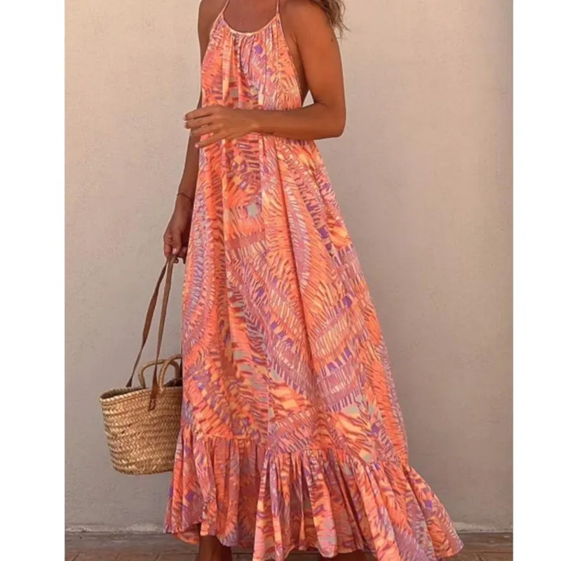 

2023 Summer Women Dress Printed Strap Lace Up Open Back Swing Frock Fashion Casual Beach Vacation Bohemian Vestido Para Mujer