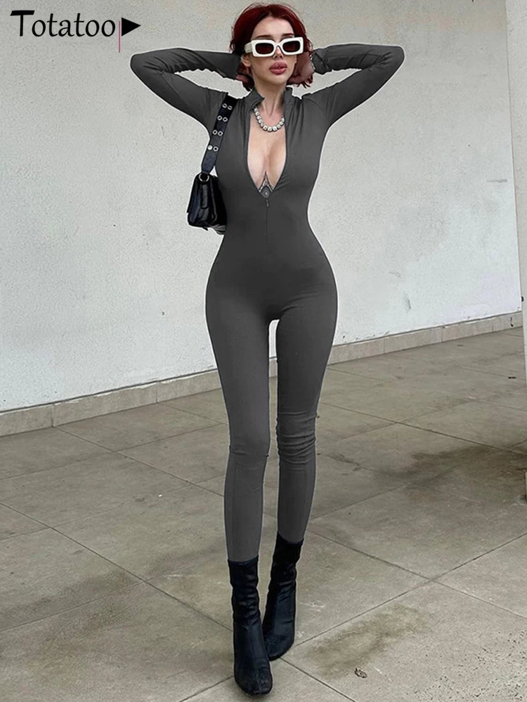 Totatoop модный вязаный комбинезон в рубчик на молнии спереди для женщин 2023 тонкие