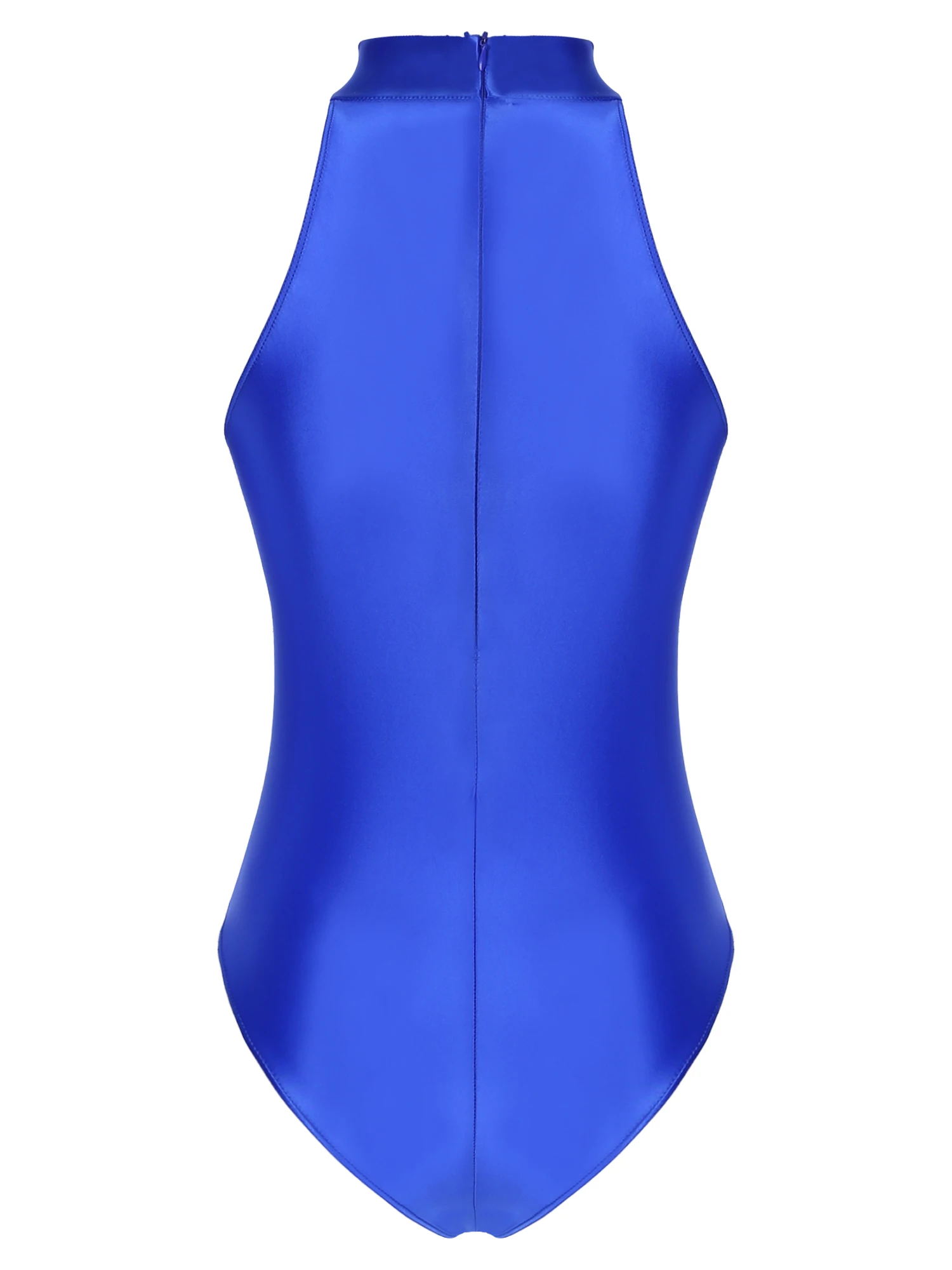 Women's Swimsuit Glossy Mock Neck Back Zipper Swimming Bodysuit Beachwear Sport Fitness Solid Color Sleeveless Leotard Swimwear