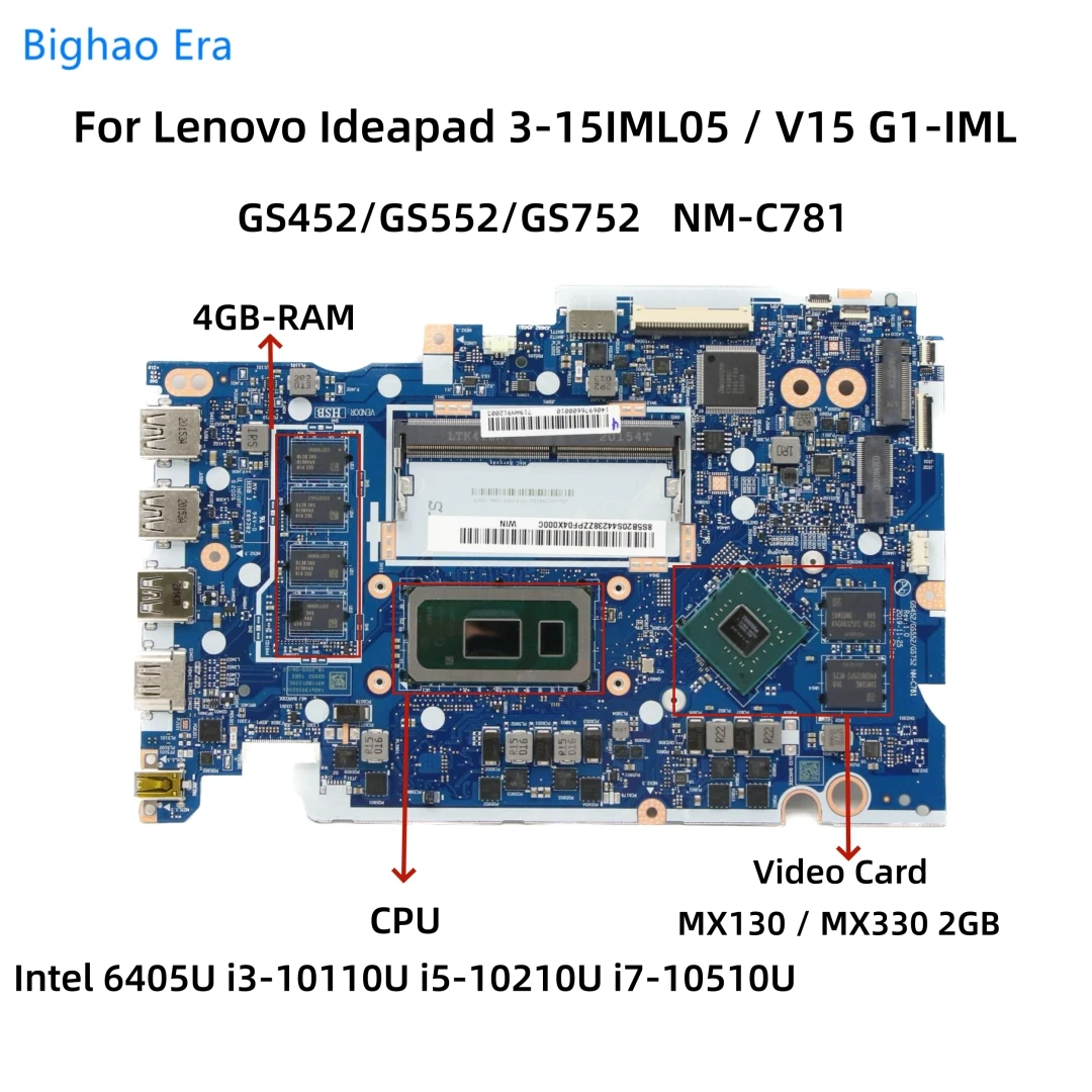 

NM-C781 для Lenovo Ideapad 3-15IML05 V15 G1-IML материнская плата для ноутбука с 6405U i3 i7 i5-10210U ЦПУ 4GB-RAM MX130 MX330 2GB-GPU