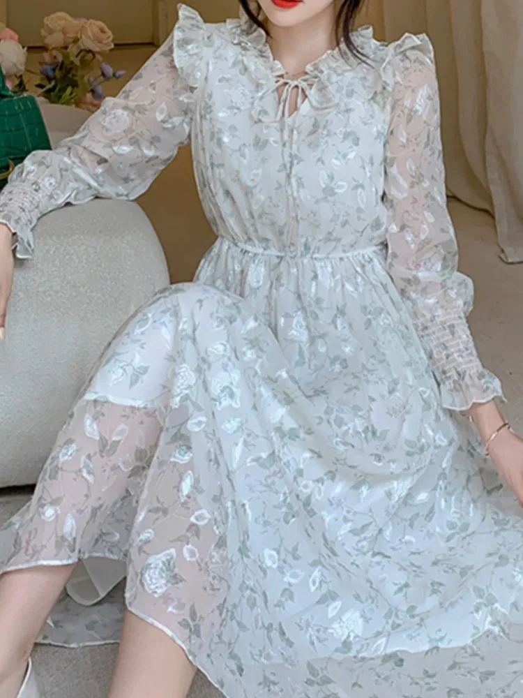 

Fashion Elegant Floral Print Casual Midi Women Dress Autumn Slim Vintage A-Line Maxi Vestidos Femme Beach Holiday Robe