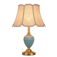 hy1american style brass table lamp vintage fabric lampshade blue ceramics desk night lights bedside study indoor lighting