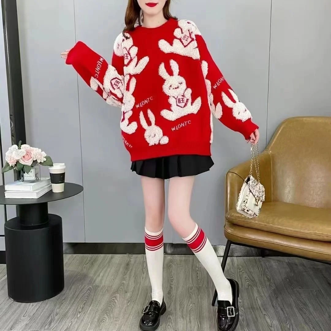 Christmas Dress For Women Sweater Winter Autumn Red New Years Clothing Rabbit Long Sleeve Pullover Loose Evening Party Dresses