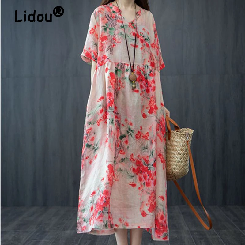 

Women's Clothing Vintage Floral Printed Oversized Beach Dress Summer Fashion V Neck Short Sleeve Casual Long Dresses Robe Femmes