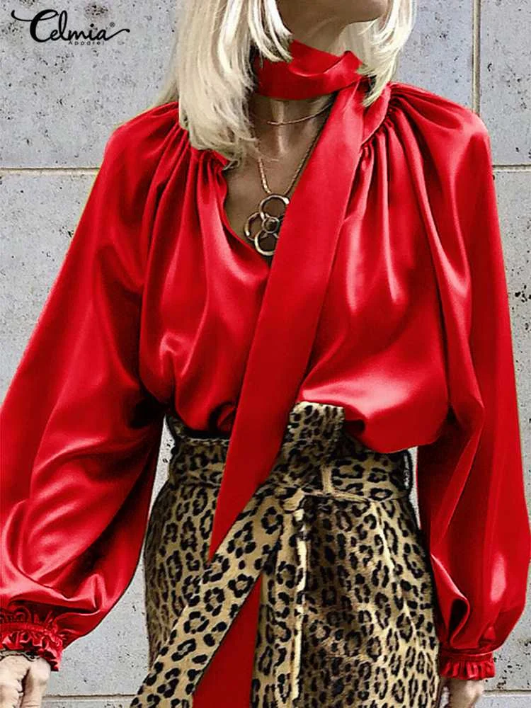 

Sexy V Neck With Belt Sexy V NecCelmia 2022 Spring Elegant Satin Silk Puff Long Sleeve Shirts Fashion Women Party All-match Tops