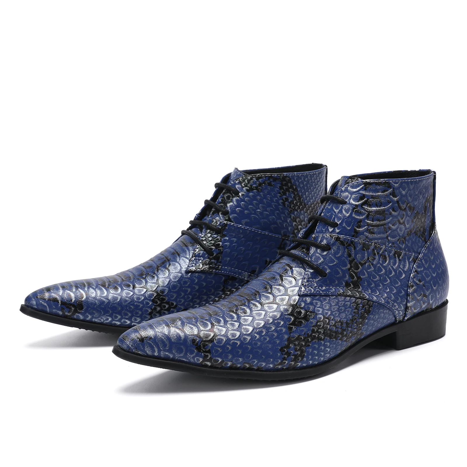 

Classic Blue Nightclub Pointed Toe Male Shoes Plus Size Banquet Lace Up Party Dress Boots Evening Genuine Leather Ankle Shoes