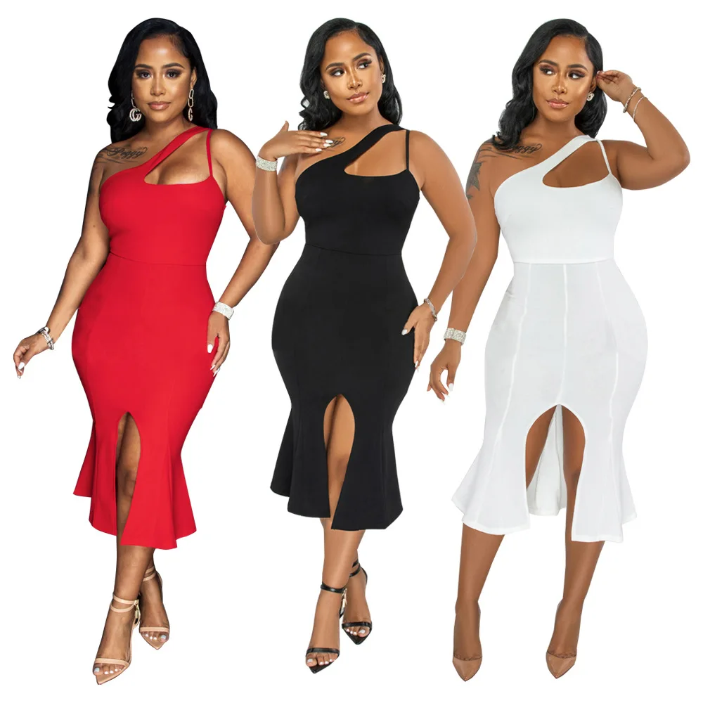 

Summer New Diagonal Shoulder Solid Color Sexy Split Fishtail Dress Temperament Tongle Elegant Splicing Hollow Out Dress 2022
