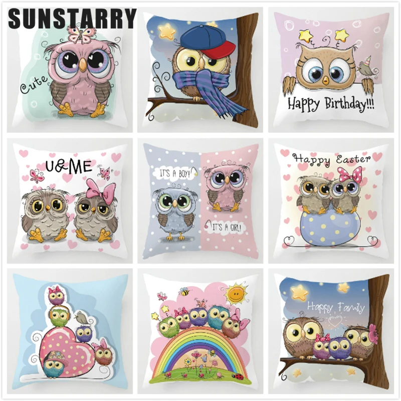 

Cartoon Cushion Cover Owl Family Print Pillow Cover Bird Polyester Cotton Throw Pillow Case Decor For Home Kid Room Pillowcase