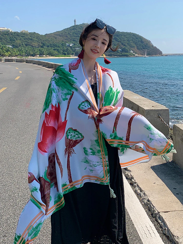 

New Chinese Style Summer Women Silk Scarf Beach Wrap Shawl Floral Sunscreen Bandana Hijab Mujer Bohemian Musulman Scarve Pareo