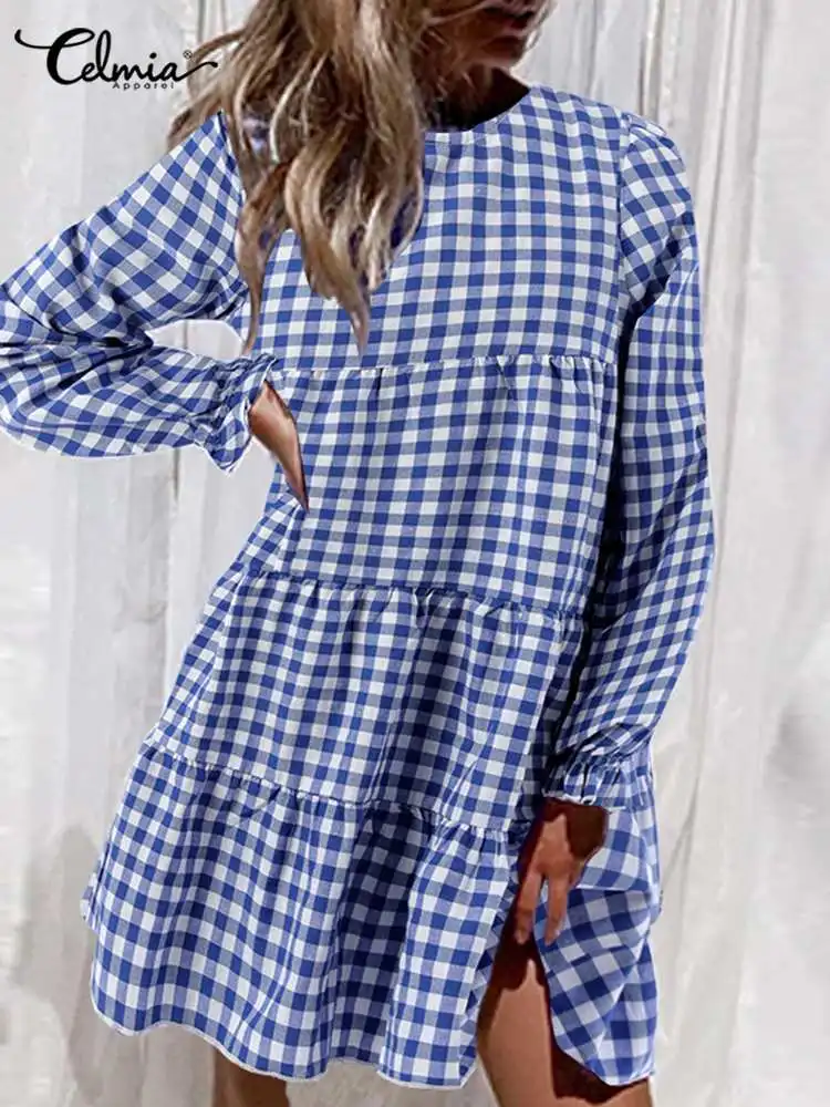 

Celmia элегантное платье с круглым вырезом, женское богемное праздничное модное мини-платье с длинным рукавом, клетчатое повседневное коротко...