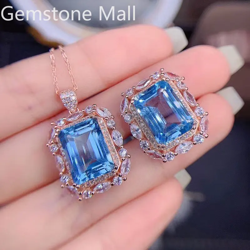 

Vintage Topaz Ring and Topaz Pendant for Party Emerald Cut 10mm*14mm Total 14ct Natural Topaz 925 Silver Jewelry Set