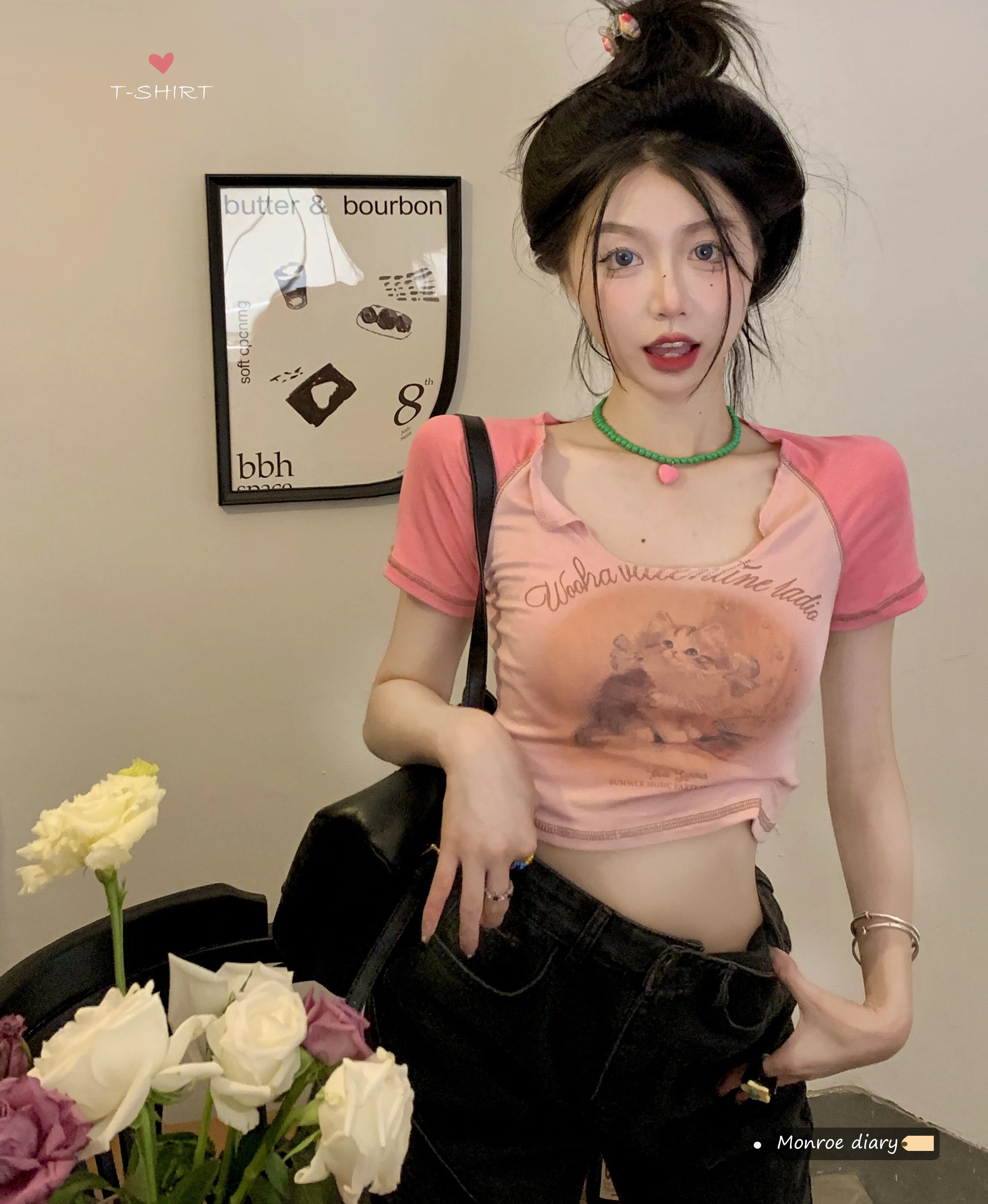 

American pure desire cat front shoulder U-neck short sleeve T-shirt women's summer sweet Spice Girls short big neck BM style tig