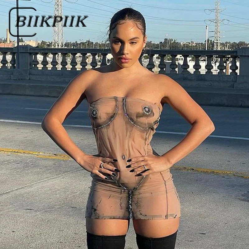 

Уличная одежда BIIKPIIK, женское мини-платье с принтом тела, вырезом лодочкой, без бретелек, сексуальные платья для лета 2022, прозрачная модная од...