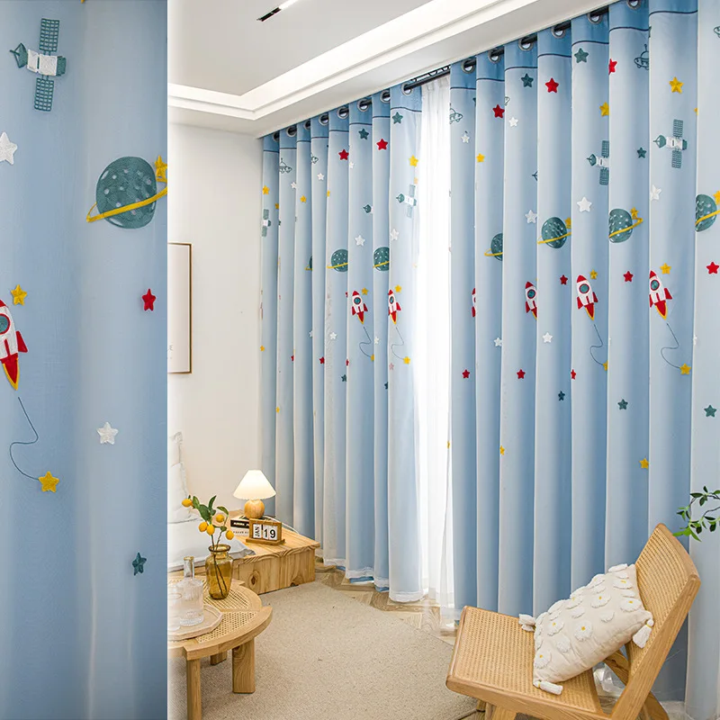 

Curtains for Living Room Dining Bedroom Cute Children's Space Modern Style Embroidered Cloth Yarn Integrated Stitching Shading