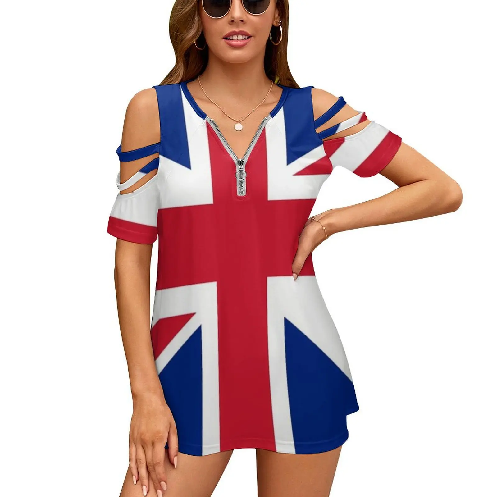 

Union Jack. Full Cover. British Flag. Uk. United Kingdom. Women Zipper Sexy Printed Vintage T Shirts Tops Full Print T-Shirt