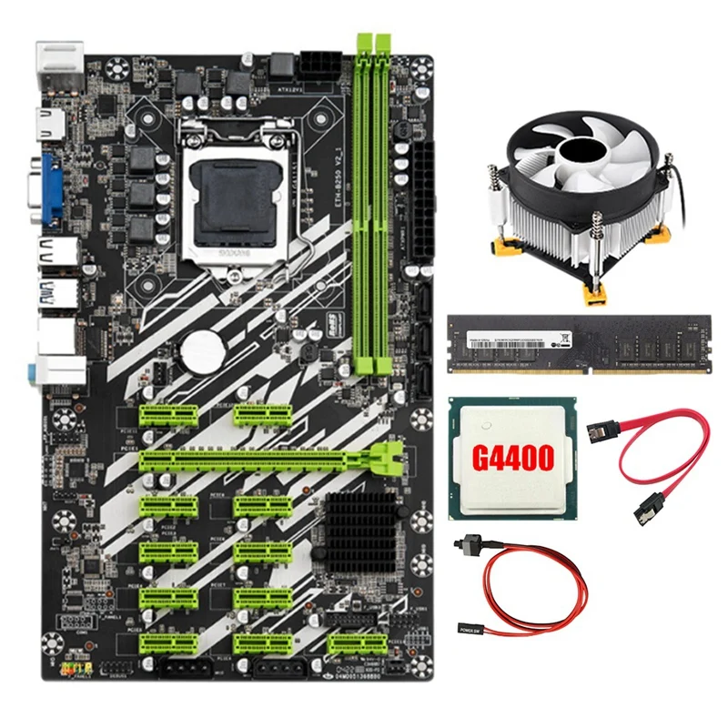 

B250 BTC Mining Motherboard with 4400CPU+8G DDR4 RAM+Fan+SATA Cable+Switch Cable 12 PCI-E Slots LGA1151 DDR4 RAM SATA3.0