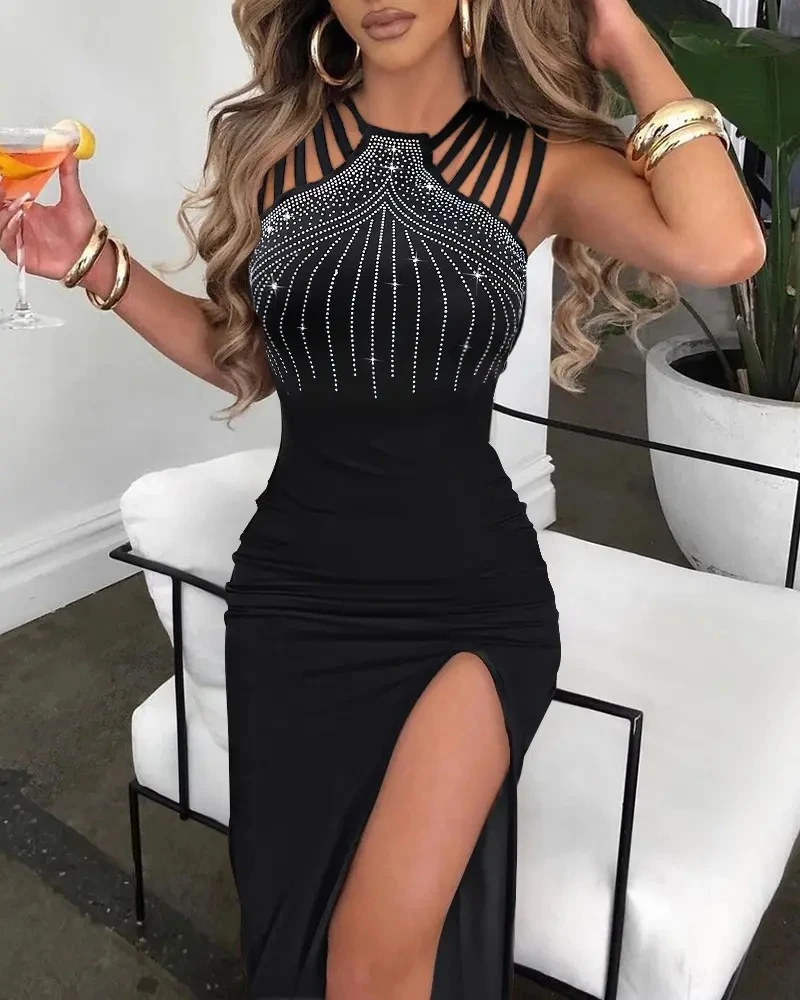 

Rhinestone Decor Dress Women Sleeveless Multi-Strap High Slit Dress Sexy Night Club Party Dress
